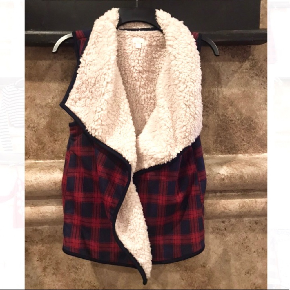 Sheepskin Style Blue & Red Plaid Vest